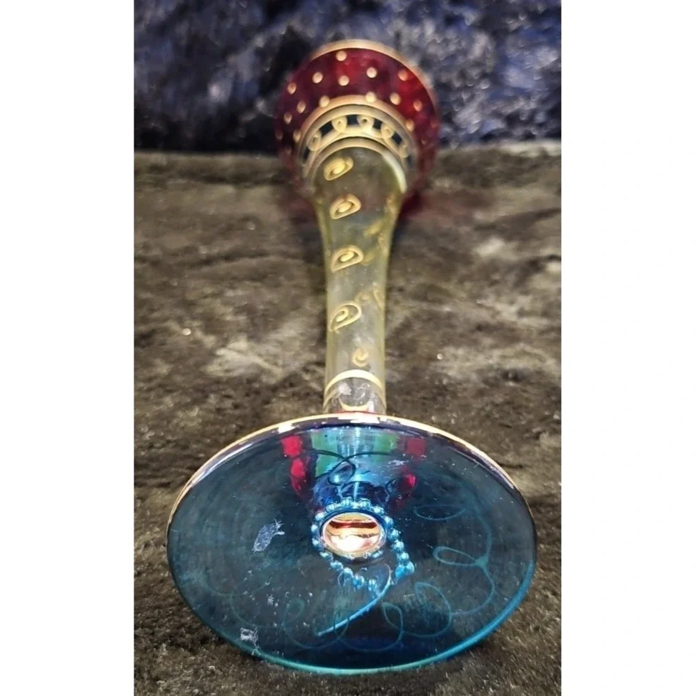 Vintage Pier 1 5-Glass Champagne Flutes Hand Painted & Blown 3-rings 8Pc. 11.5